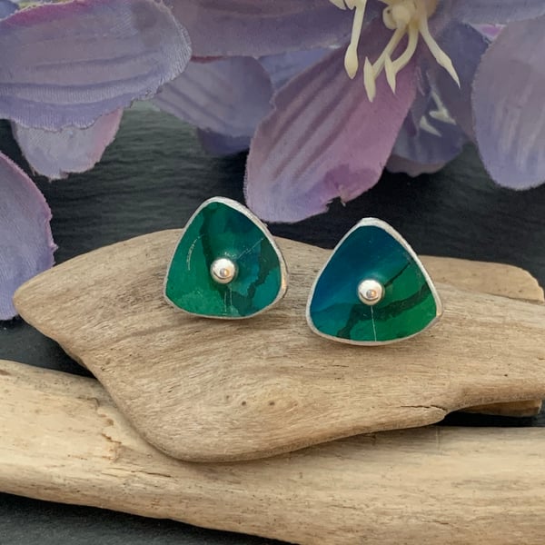Hand painted aluminium -  mini triangle sterling silver stud earrings 