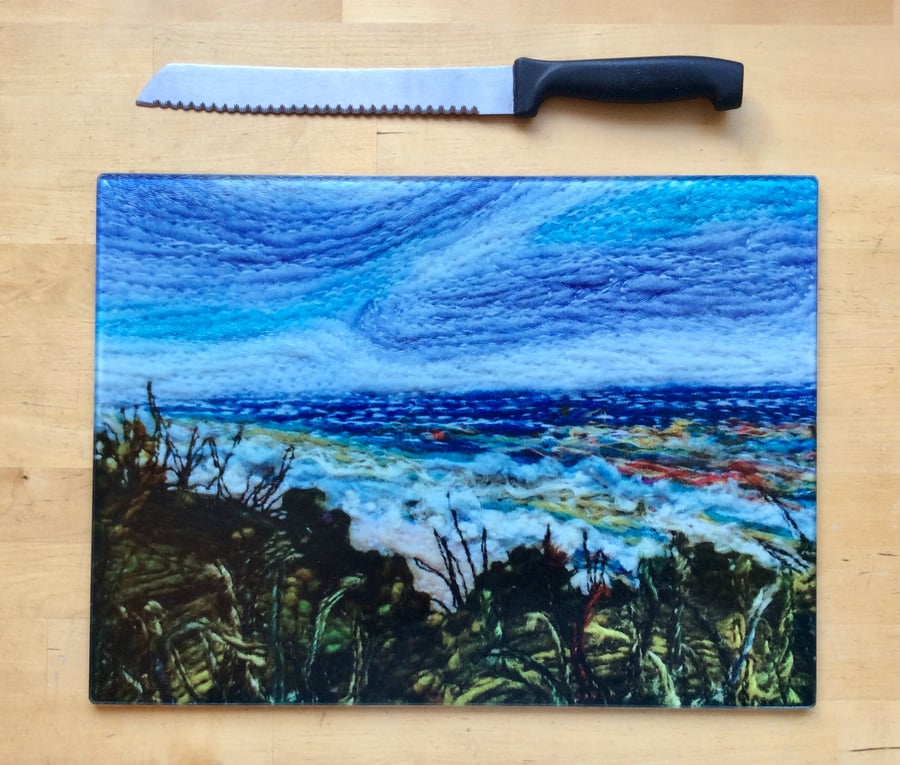 Glass chopping board, bread board or work top saver. 