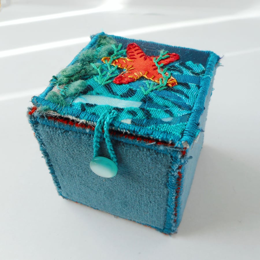 SOLD Handmade textile keepsake box with embroidery - Coral Reef