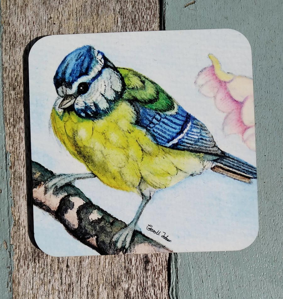 Blue tit coaster, watercolour, bird coaster, gifts for bird lovers, garden birds