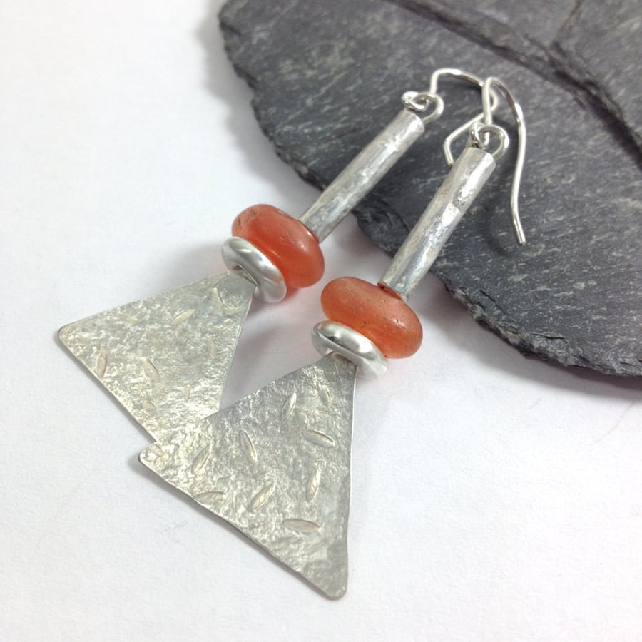 Long silver and orange carnelian tribal earrings
