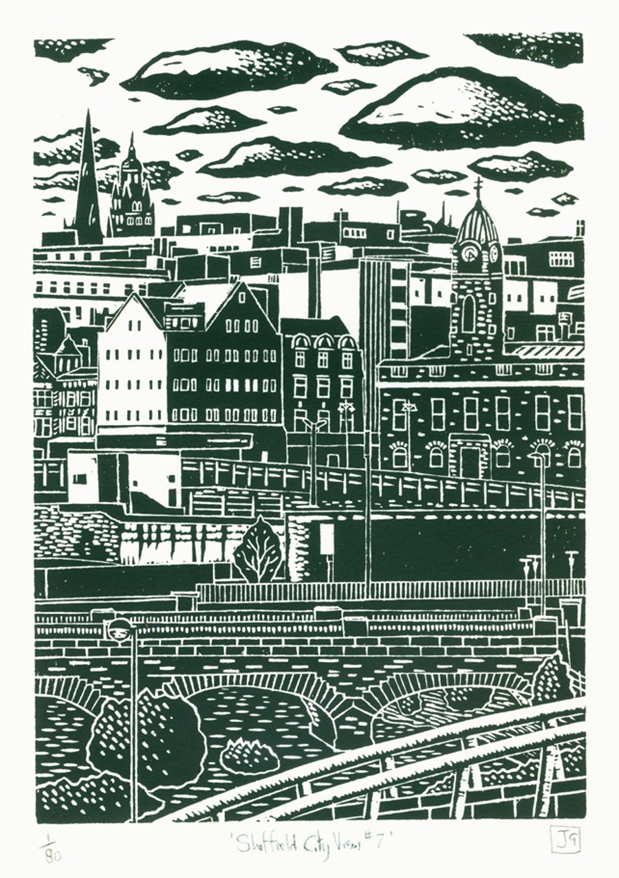 Sheffield City View No.7 A3 screen print (green-grey)