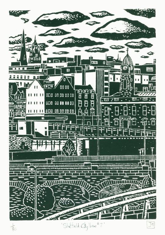 Sheffield City View No.7 A3 screen print (green-grey)