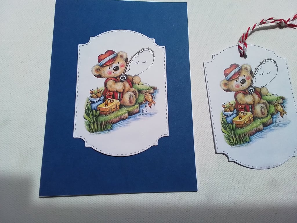 Handmade card and gift tag. Birthday card. Father's day card. Fishing. Ref 428