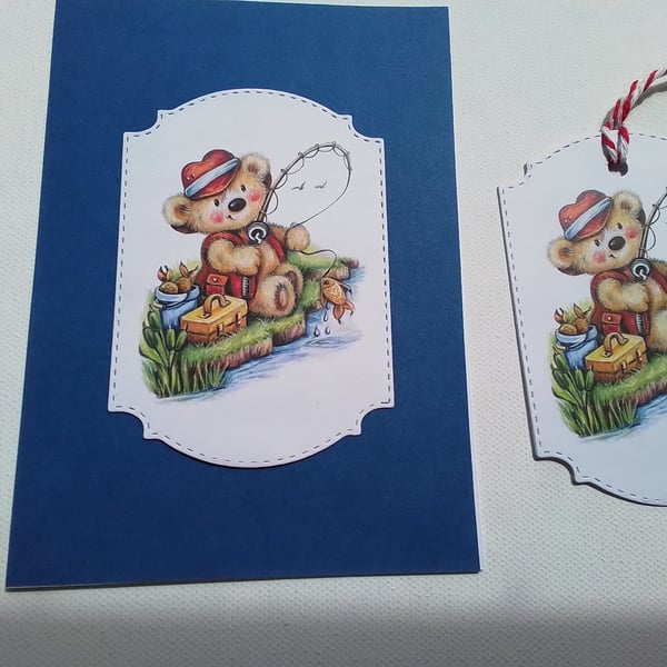 Handmade card and gift tag. Birthday card. Father's day card. Fishing. Ref 428