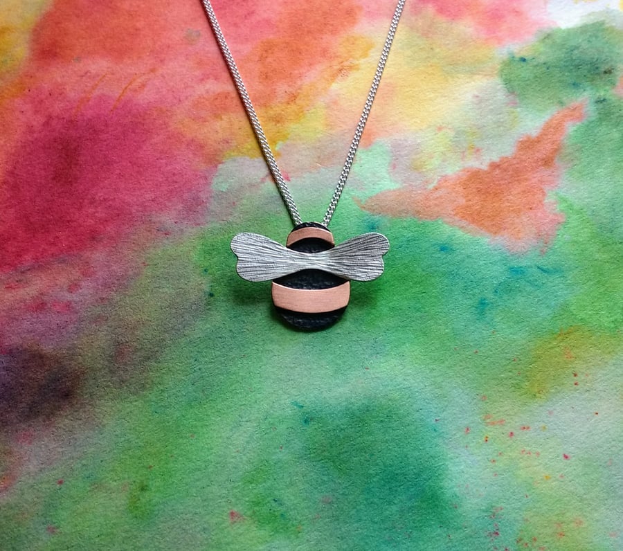 Bumble Bee Pendant, Ox Copper, Copper Stripes Silver Aero-Wings, Silver Chain