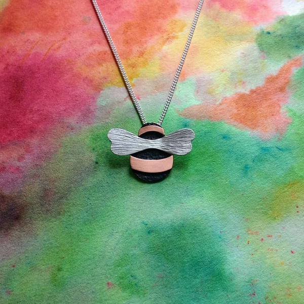 Bumble Bee Pendant, Ox Copper, Copper Stripes Silver Aero-Wings, Silver Chain