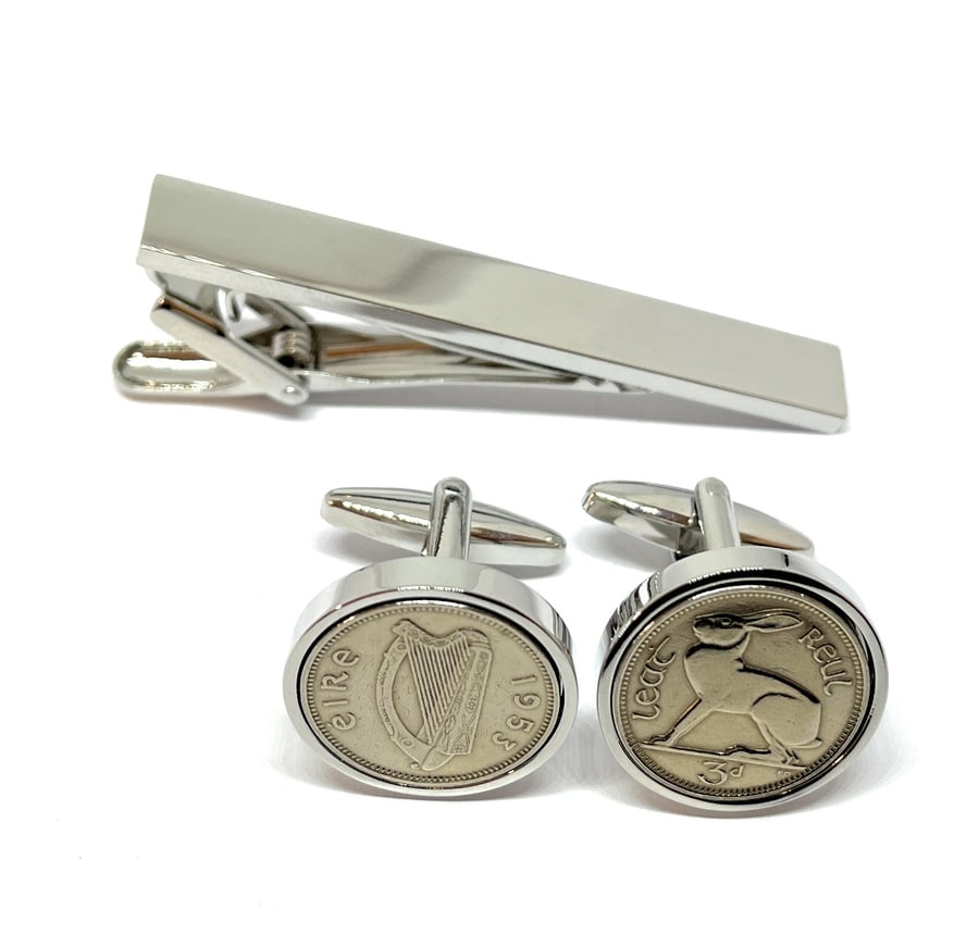 1953 Irish coin cufflinks - Irish 3d threepence coin cufflinks tie clip set