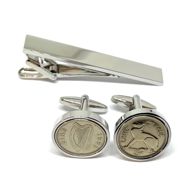 1953 Irish coin cufflinks - Irish 3d threepence coin cufflinks tie clip set