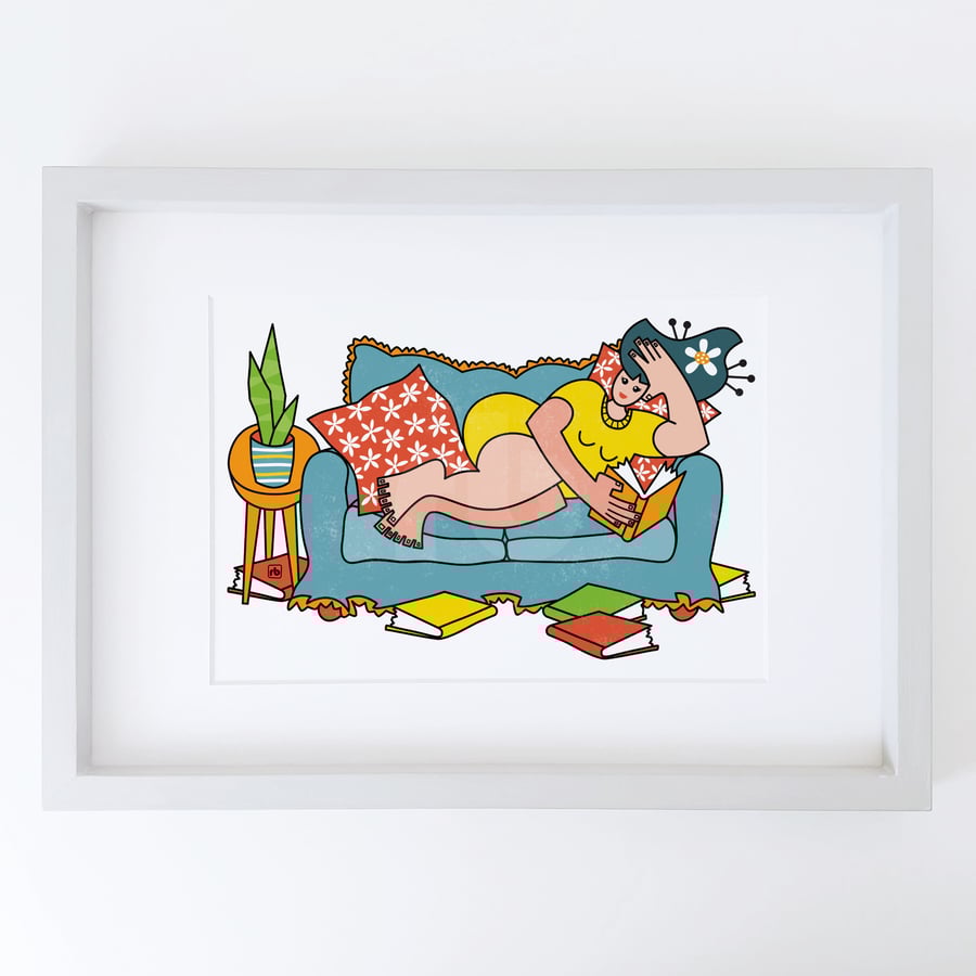 Book Lover, illustration of woman reading, original Giclee print