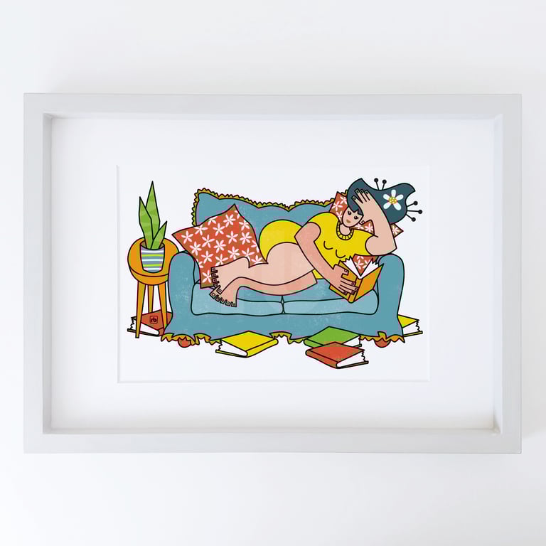 Book Lover, illustration of woman reading, original Giclee print