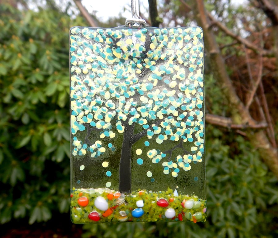 Artist made Fused Glass Spring Tree Suncatcher.