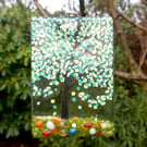 Artist made Fused Glass Spring Tree Suncatcher.
