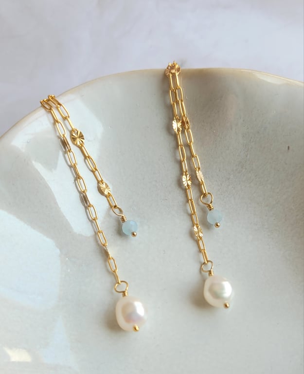 Aquamarine and Pearl Earrings 14kt Gold FIlled, Chain Bridal Earrings