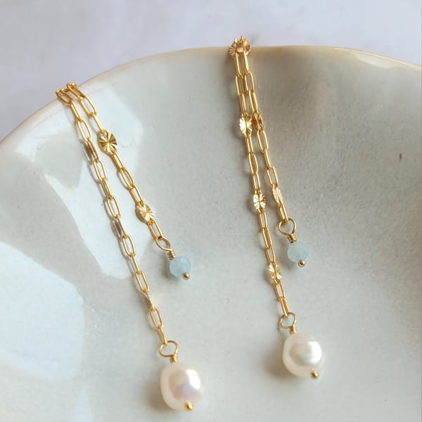 Aquamarine and Pearl Earrings 14kt Gold FIlled, Chain Bridal Earrings