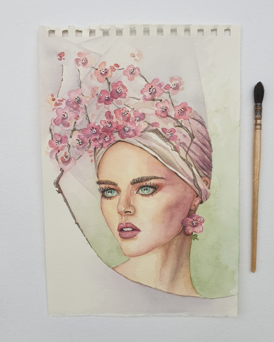 Watercolour Painting, Portrait of a Young Woman with Chinese Blossom Artwork