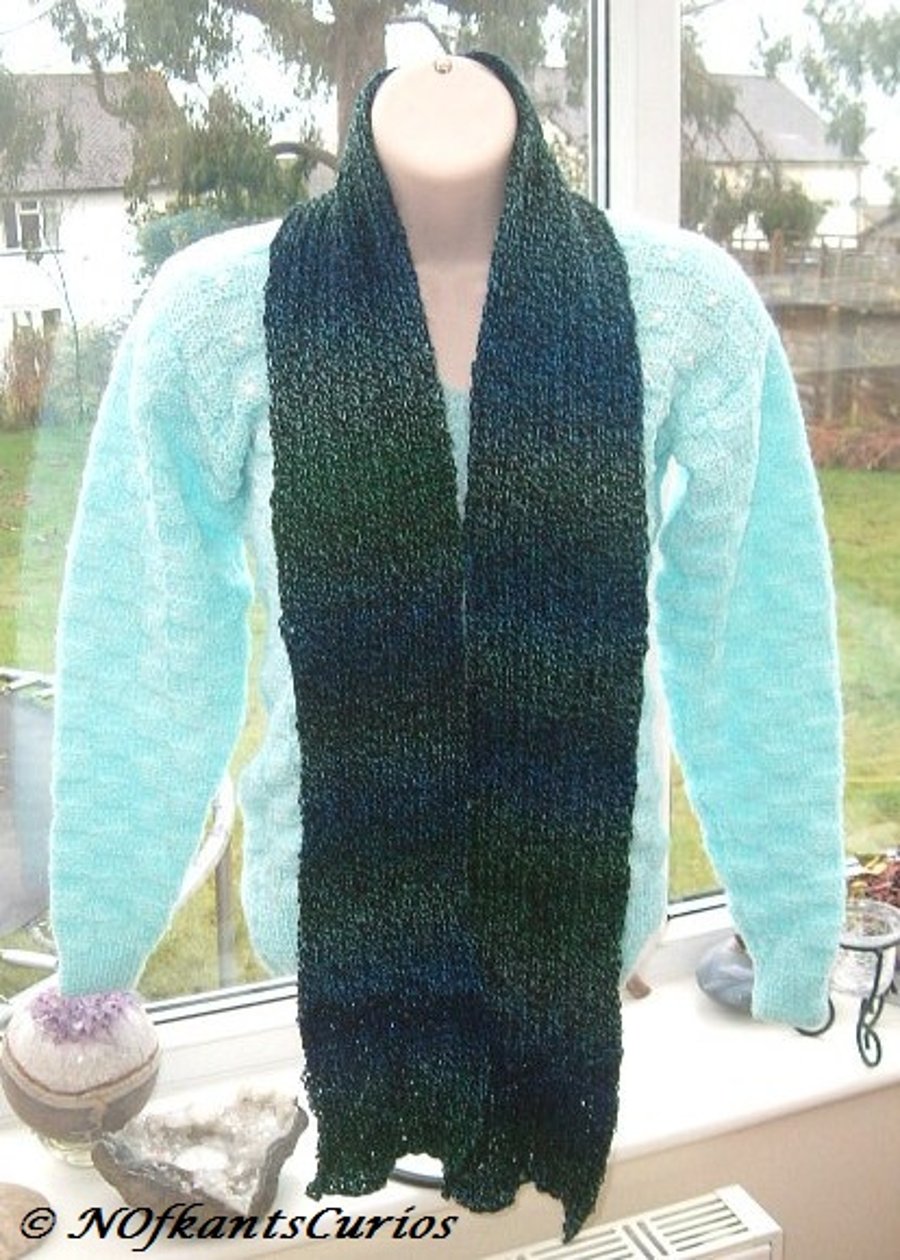 Blue Green Spectrum Knitted Ribbed Scarf.