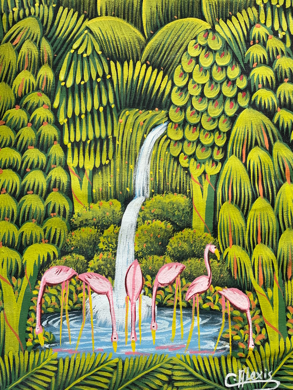Flamingos Dream Original Painting on Canvas, Surreal Jungle Art