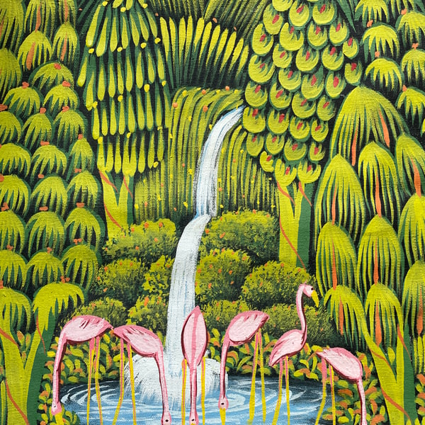 Flamingos Dream Original Painting on Canvas, Surreal Jungle Art