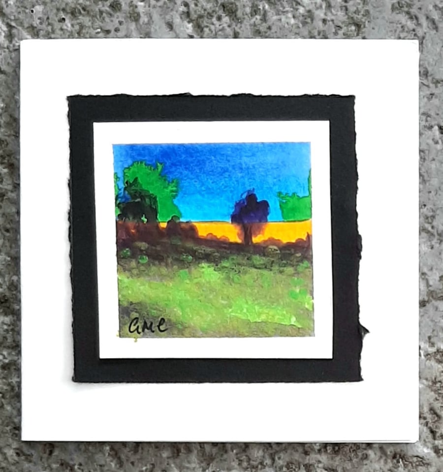 Miniature Beautiful Blank Handpainted Card Of Green And Yellow Fields. Blue Sky