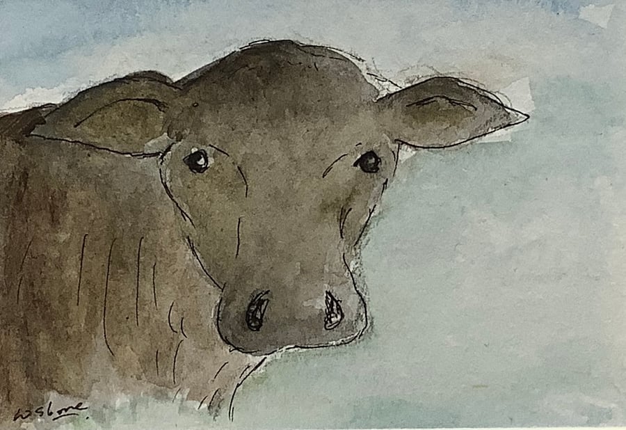 In the valley - Cow. Original miniature watercolour painting.