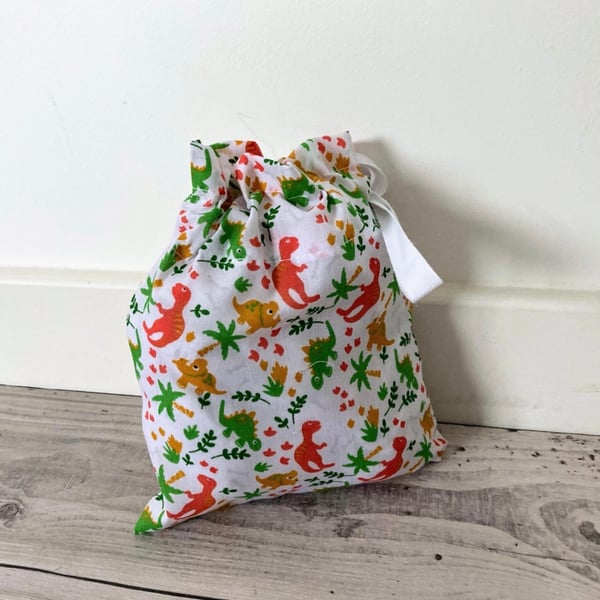 White Dinosaurs Fabric Drawstring Gift Bag: Small Present Wrap.