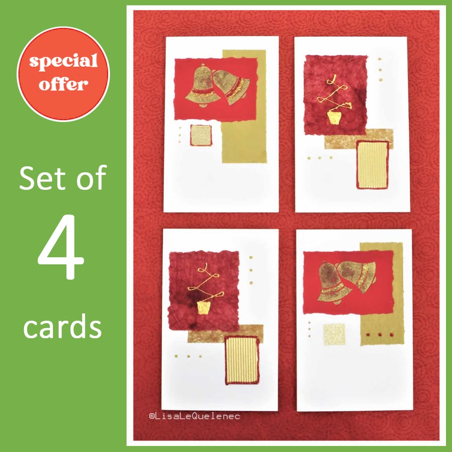 Four pack of handmade Christmas cards bells and trees in red and gold (a)