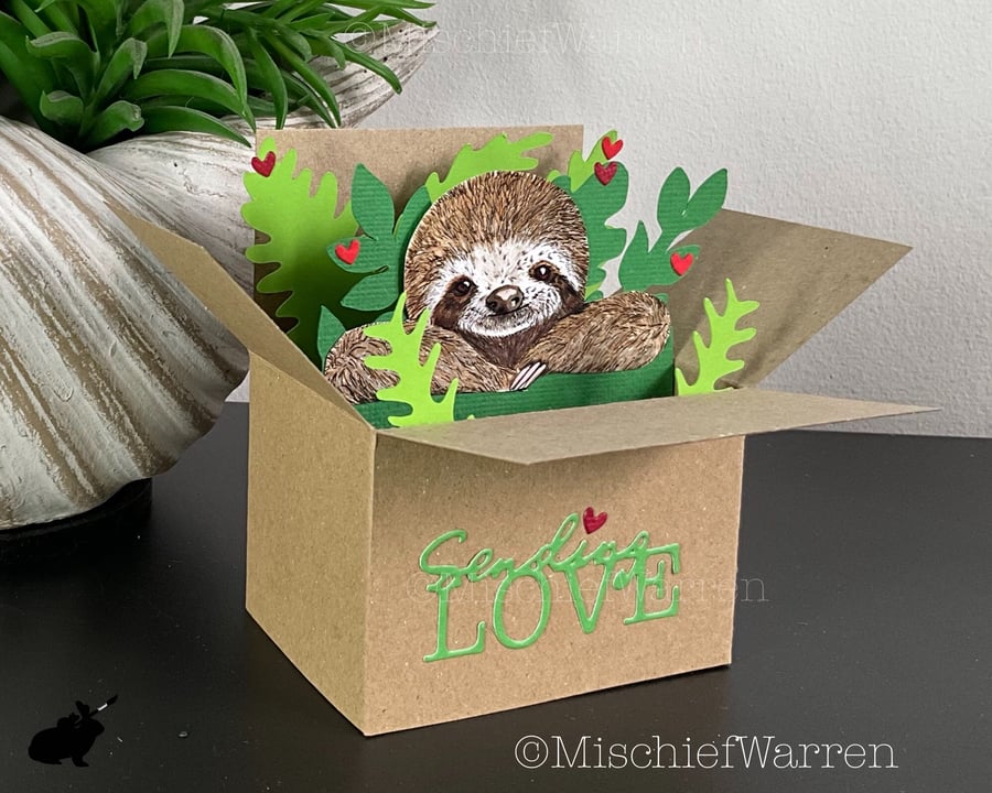 Sloth Sending Love Card. Handmade recycled 3D sloth box card. Gift card holder.