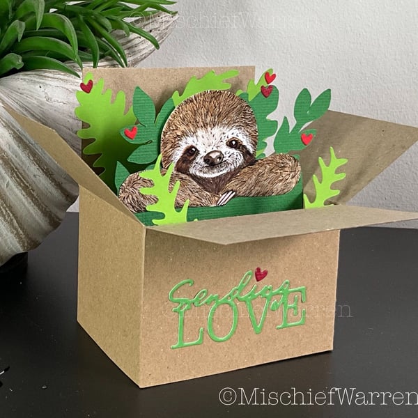 Sloth Sending Love Card. Handmade recycled 3D sloth box card. Gift card holder.