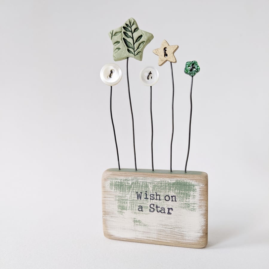 Clay Star and Buttons in a Painted Wood Block 'Wish on a Star'