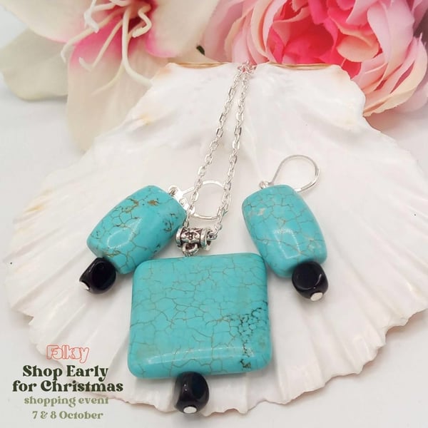 Turquoise Pendant on a Silver Chain with Matching Earrings, Sagittarius Gift 