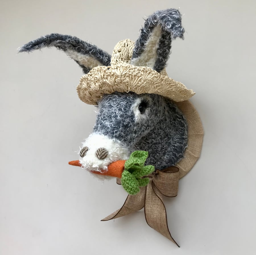 Faux taxidermy grey and cream beach Donkey with carrot animal head wall mount