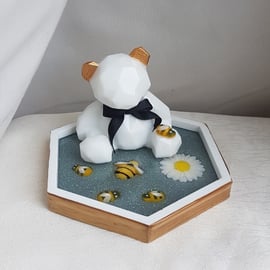 Gorgeous Bee Kind Bear and Coaster or Ring Dish - White with Bees No1