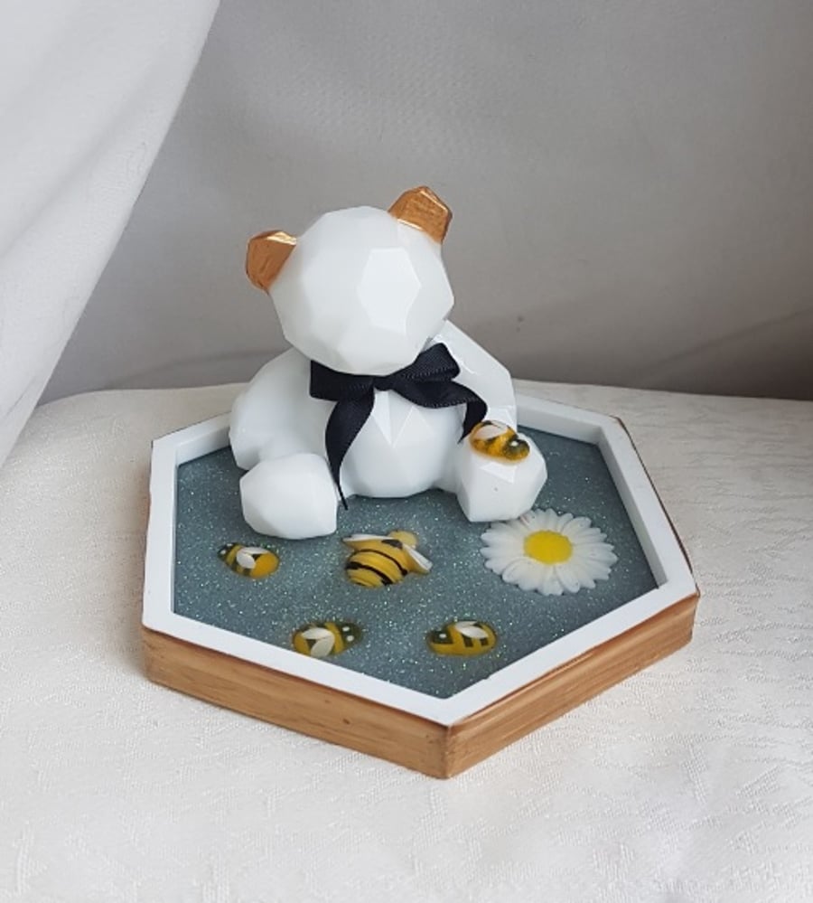 Gorgeous Bee Kind Bear and Coaster or Ring Dish - White with Bees No1