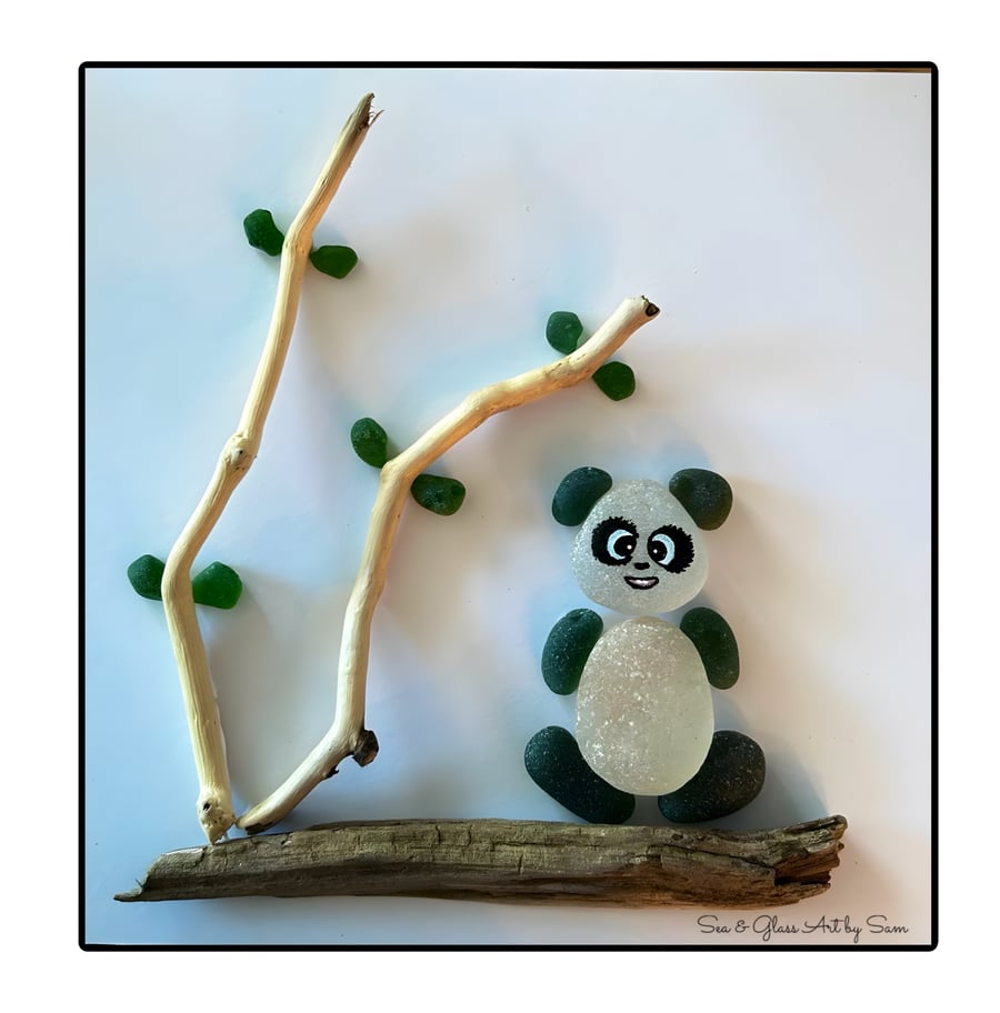 Handmade Sea Glass Panda Picture - Framed 8x8 Original Driftwood & Pebble Art