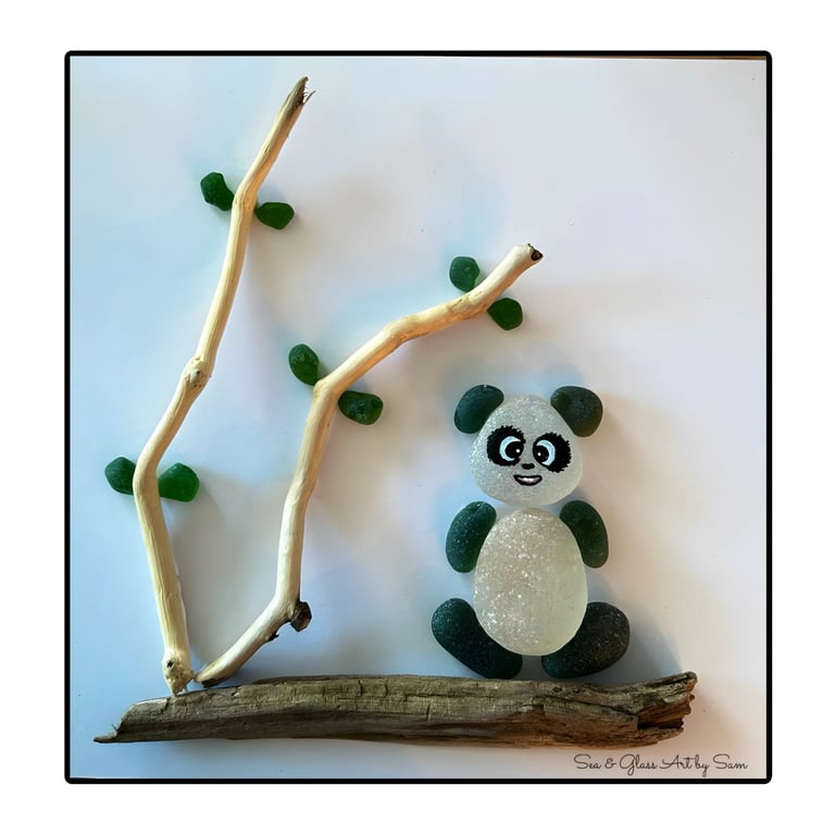 Handmade Sea Glass Panda Picture - Framed 8x8 Original Driftwood & Pebble Art