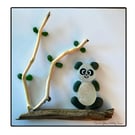 Handmade Sea Glass Panda Picture - Framed 8x8 Original Driftwood & Pebble Art
