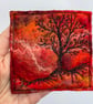 Tree silhouette with sunrise, original wet felting artwork.