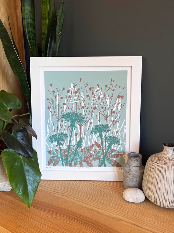 Dandelion Field Wall Art in Green and Brown, Limited Edition Screen Print
