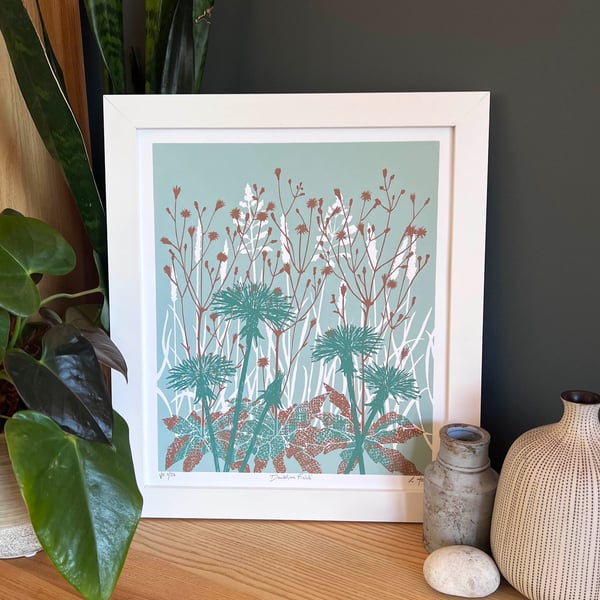 Dandelion Field Wall Art in Green and Brown, Limited Edition Screen Print