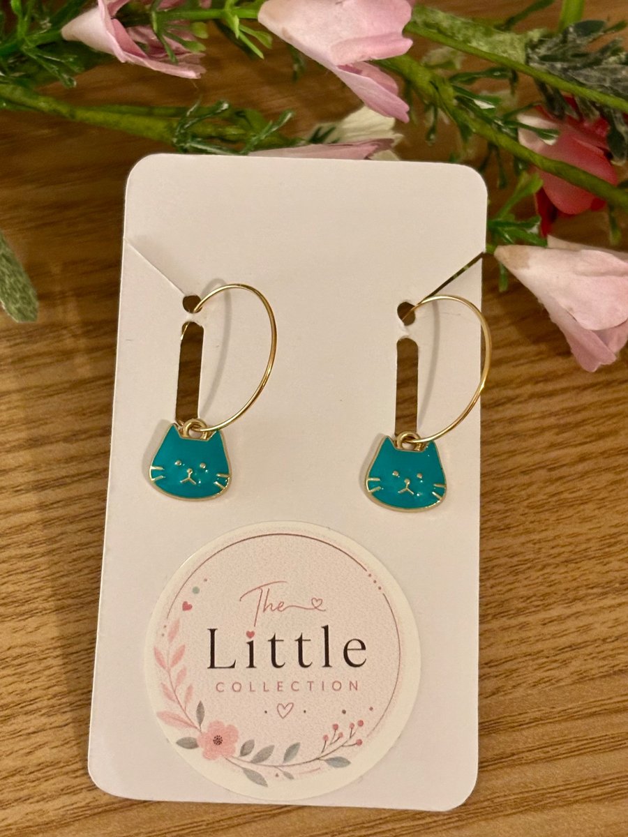 Turquoise Cat Face Hoop Earrings, Enamel Charms, Handmade Jewellery 