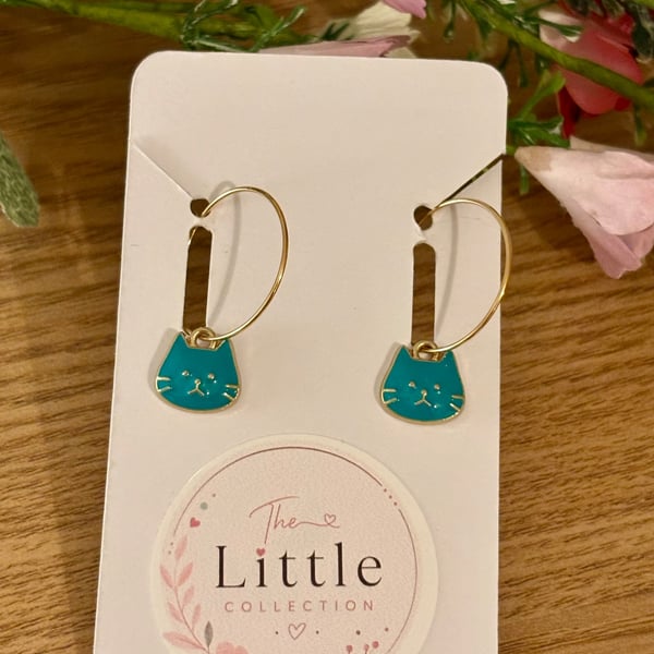 Turquoise Cat Face Hoop Earrings, Enamel Charms, Handmade Jewellery 