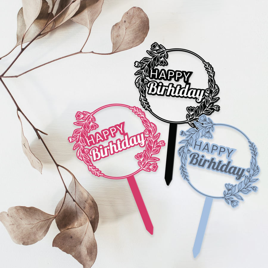 Happy Birthday, Floral Cake Topper, Acrylic Cake Topper, Reusable Birthday Decor