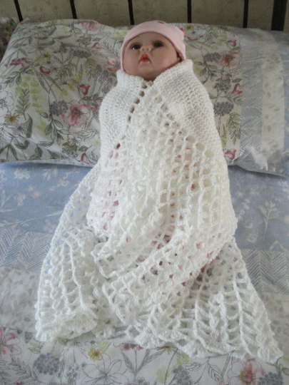 Pure White Crochet Baptism Circular Shawl Blanket (R715)