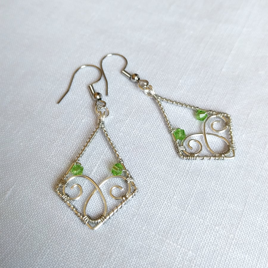 Geometrical Filigree Style Drop Earrings with Green Crystal Beads 