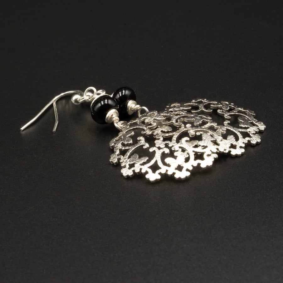Silver filigree and black onyx earrings, Cancer, Leo gift