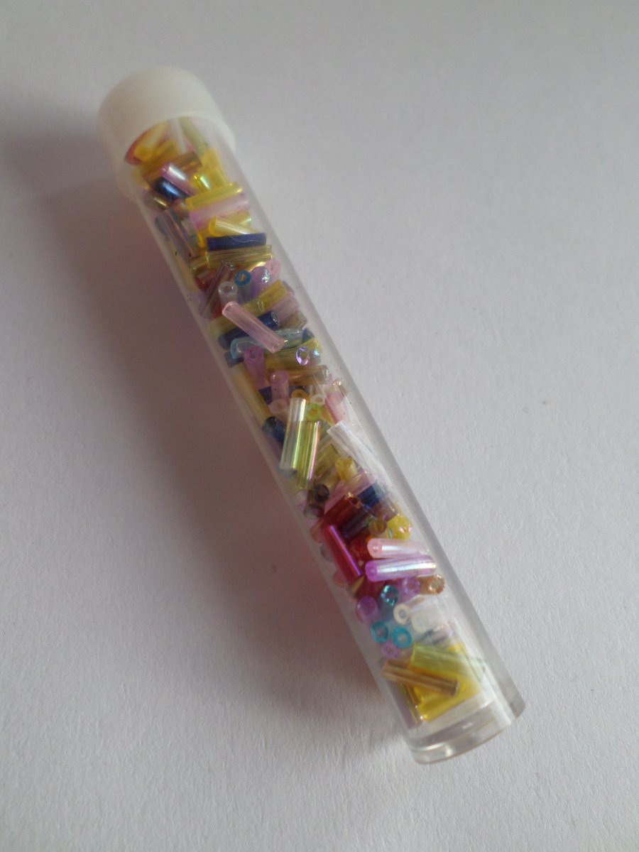 1 x Filled Storage Tube - 7.5cm - 6mm Glass Bugle Beads - Mixed Color 