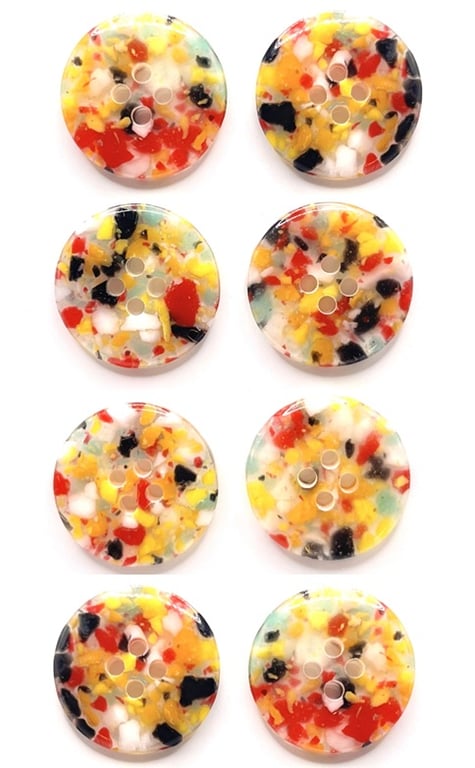 Pack of 8 Recycled Buttons, 20mm Wide, Red and Yellow Highlights, Eco