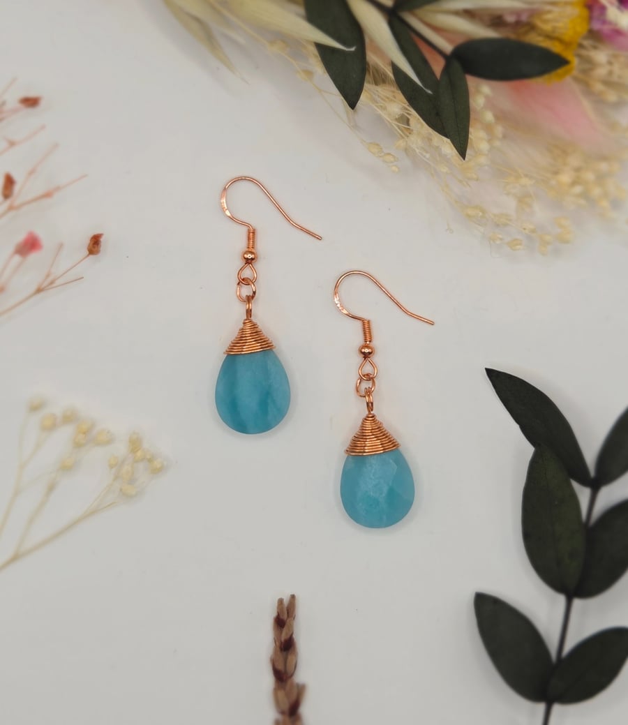 Faceted Amazonite Teardrop Earrings, Wrapped with Copper Rose Gold Wire