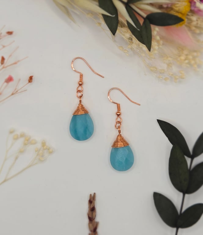 Faceted Amazonite Teardrop Earrings, Wrapped with Copper Rose Gold Wire